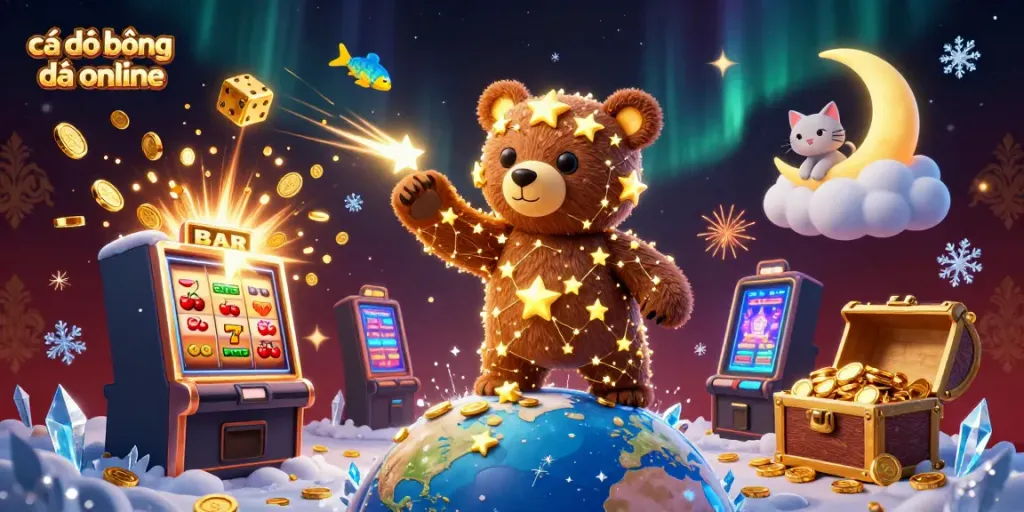 Engage in cá độ bóng đá online with a vibrant, dynamic casino-themed 3D illustration, featuring a constellation bear and playful elements.