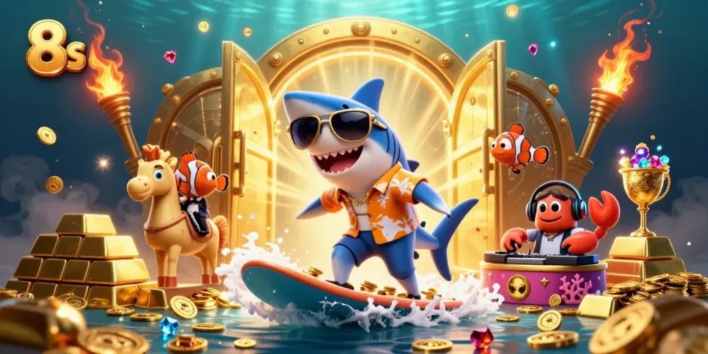 Experience the thrill of gambling and winning with 8s in a vibrant underwater casino scene.
