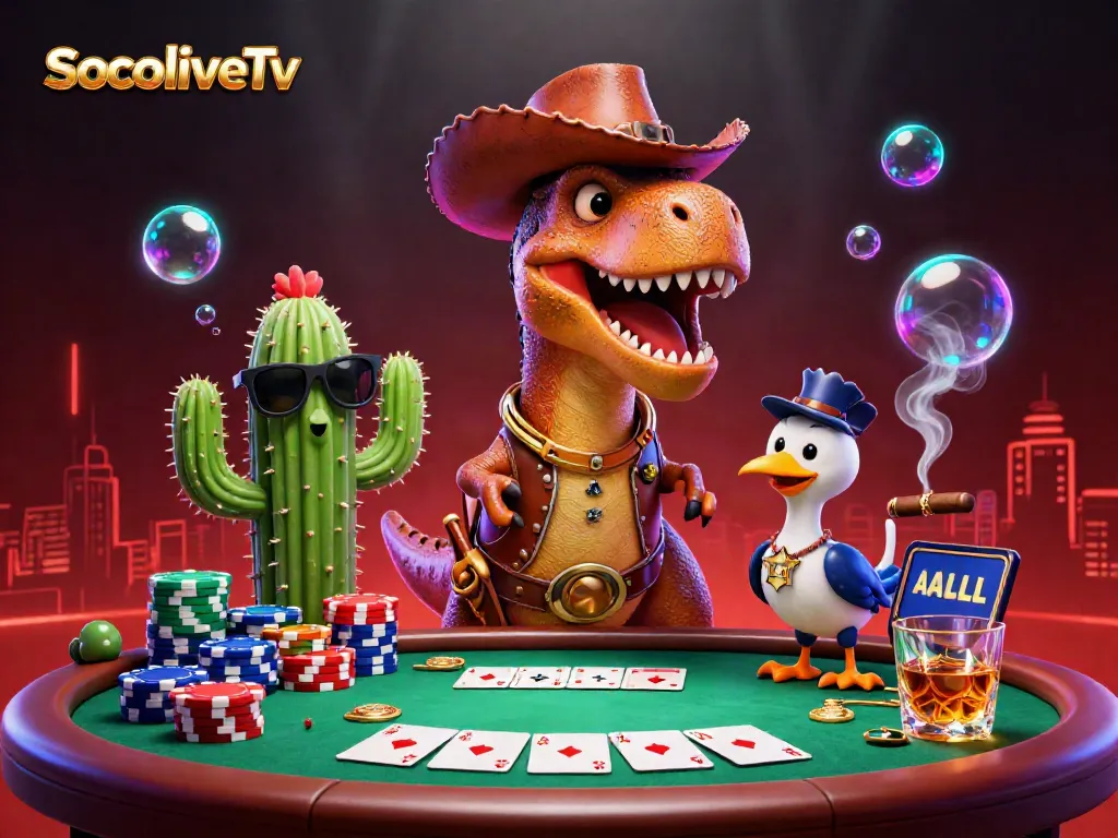 SocoliveTv's dynamic gaming scene with a T-Rex and poker elements immerses players in vibrant action.