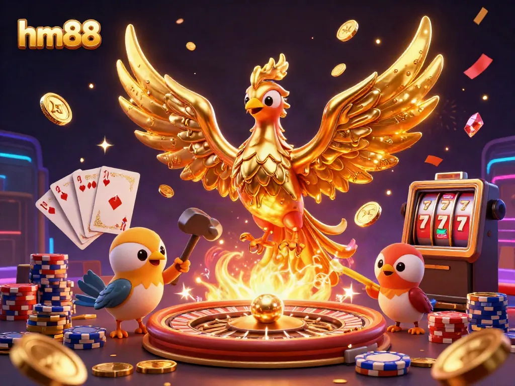 Experience thrilling gameplay with hm88's golden phoenix, roulette wheel, and vibrant gaming elements.