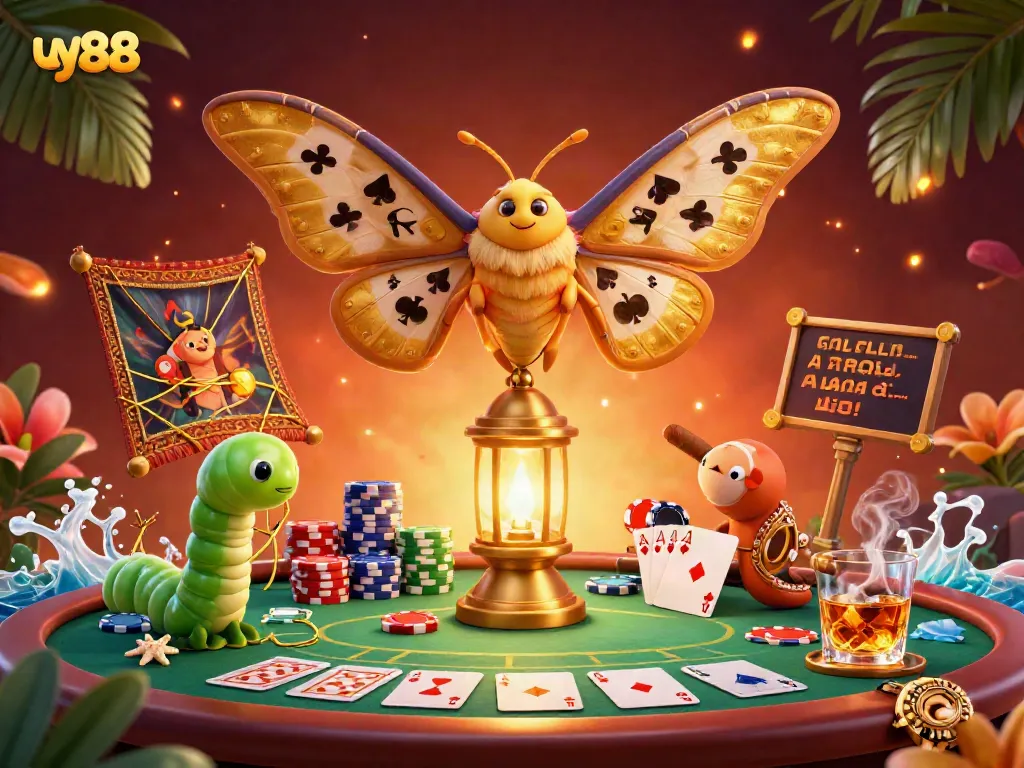 Experience thrilling gameplay with uy88's vibrant casino scene featuring poker elements and a magnificent atlas moth.