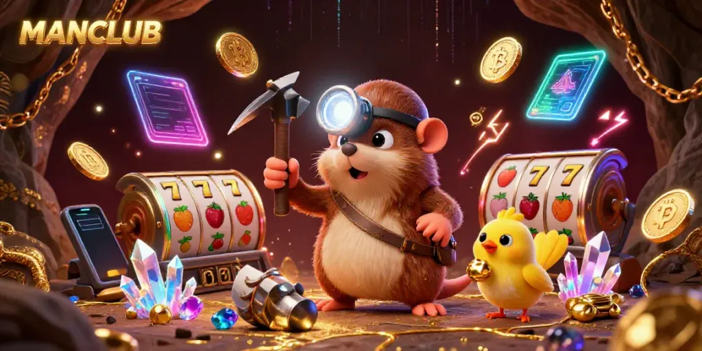 Engage with the MANCLUB experience featuring a treasure hunting mole in a vibrant casino atmosphere.