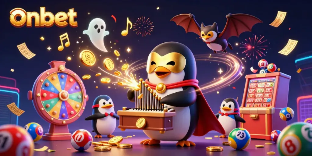 Experience onbet with a vibrant 3D scene featuring a casino penguin and colorful lottery elements.