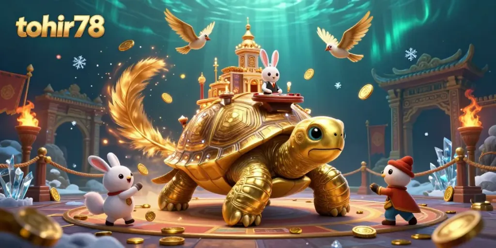 Engage with the thrilling tohir78 casino experience showcased by a golden tortoise, rabbit dealer, and flying coins.