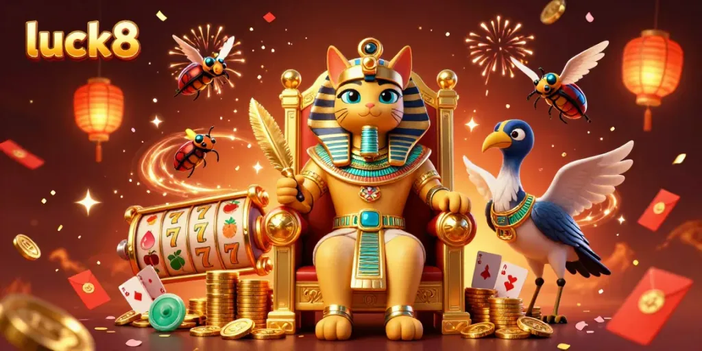 Engage with luck8's vibrant casino scene featuring a royal cat, golden treasures, and festive elements.