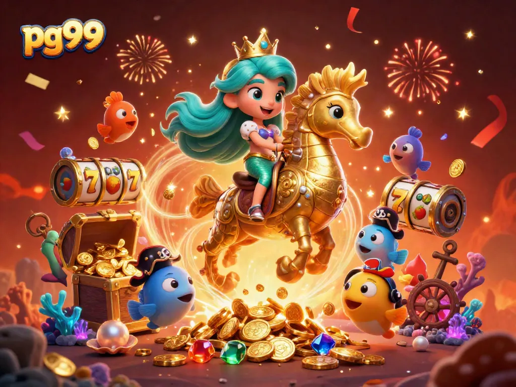 Engage with pg99 in a vibrant casino scene featuring a mermaid princess, treasure, and dynamic slot elements.