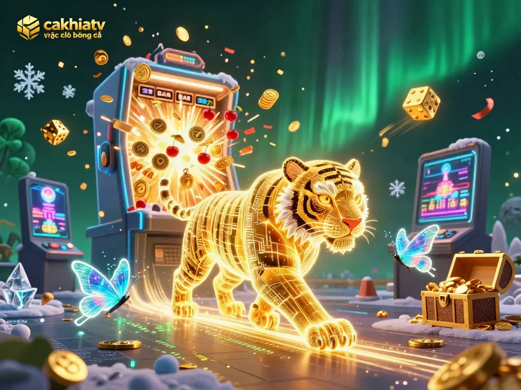 CakhiaTV trực tiếp bóng đá showcases a vibrant digital casino scene with golden tiger and jackpot elements.