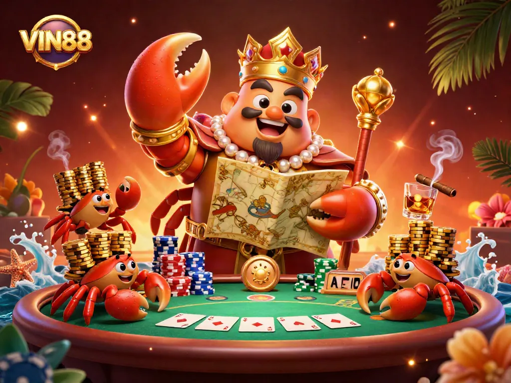 Experience thrilling gameplay at VIN88 with a golden crab emperor, massive poker chips, and a vibrant casino setting.