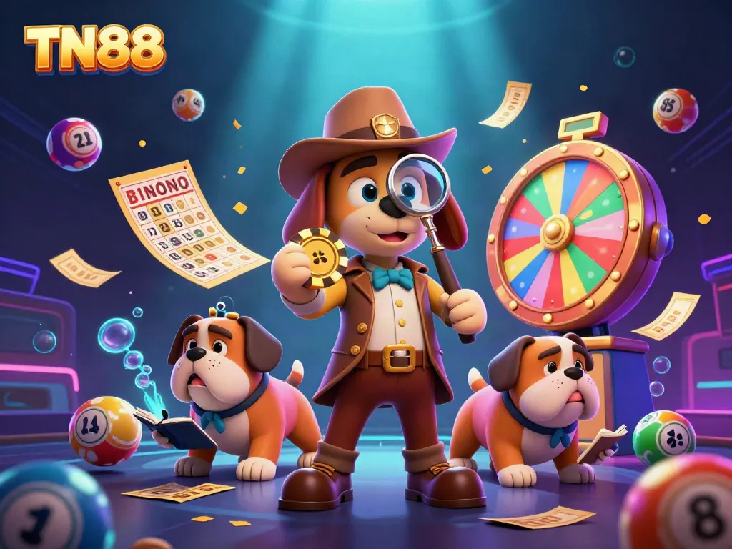 Engage in thrilling TN88 casino adventures with a detective investigating poker clues and vibrant gaming elements.