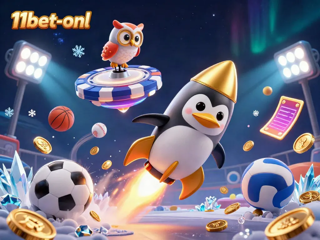 Experience the thrill of 11bet-onl with a rocket-powered penguin blasting through space to a vibrant casino.