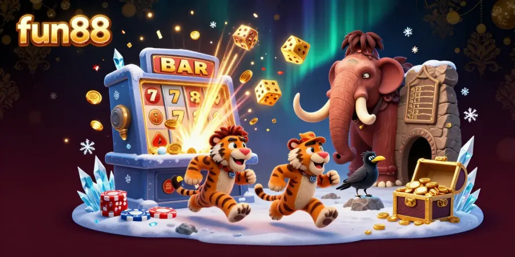 Experience fun88 with a vibrant 3D illustration capturing a prehistoric casino adventure.