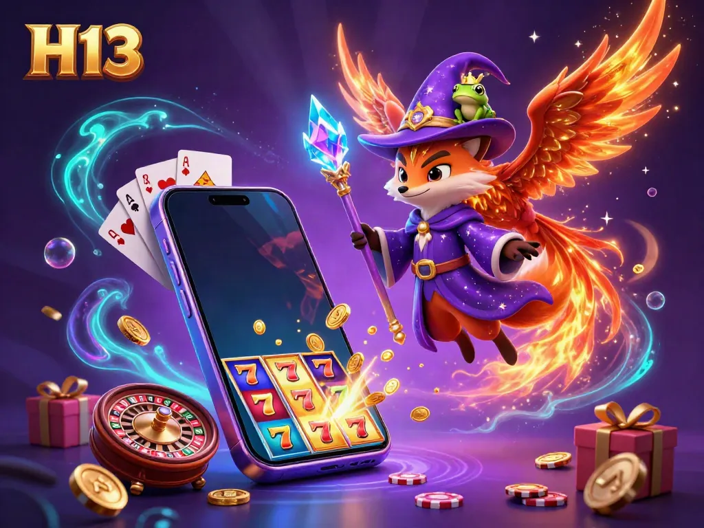 Experience thrilling gameplay as H13 combines a mystical wizard fox and casino elements in an enchanting scene.