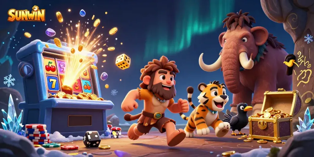 Experience the excitement at SUNWIN's prehistoric casino, featuring a thrilling jackpot and vibrant characters.