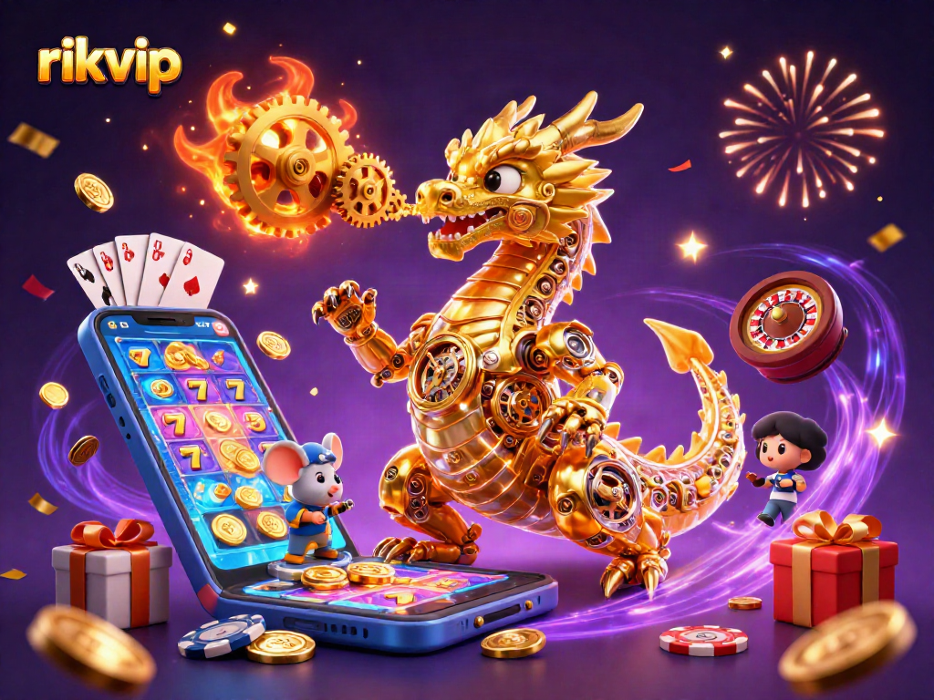 Engage with the captivating scene of rikvip showcasing a powerful dragon amidst rich gaming elements and golden sparks.