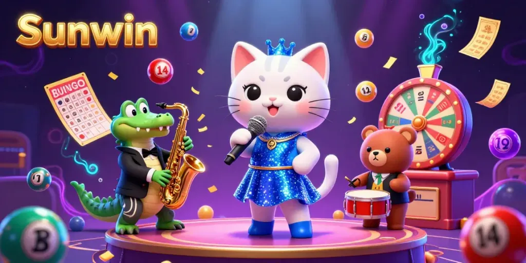 Experience Sunwin's lively 3D casino scene with colorful lottery balls and vibrant characters.