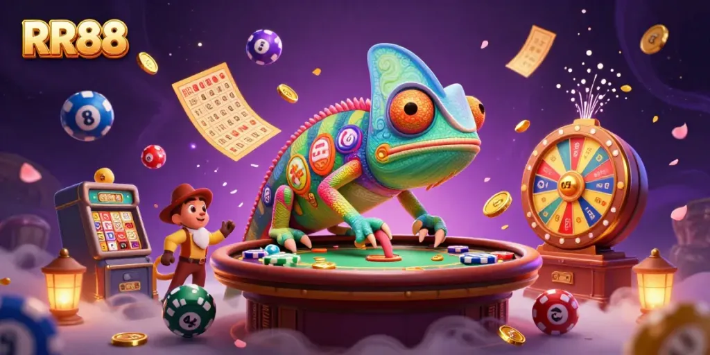 Catch gold coins with the RR88 chameleon casino owner amid vibrant casino elements.