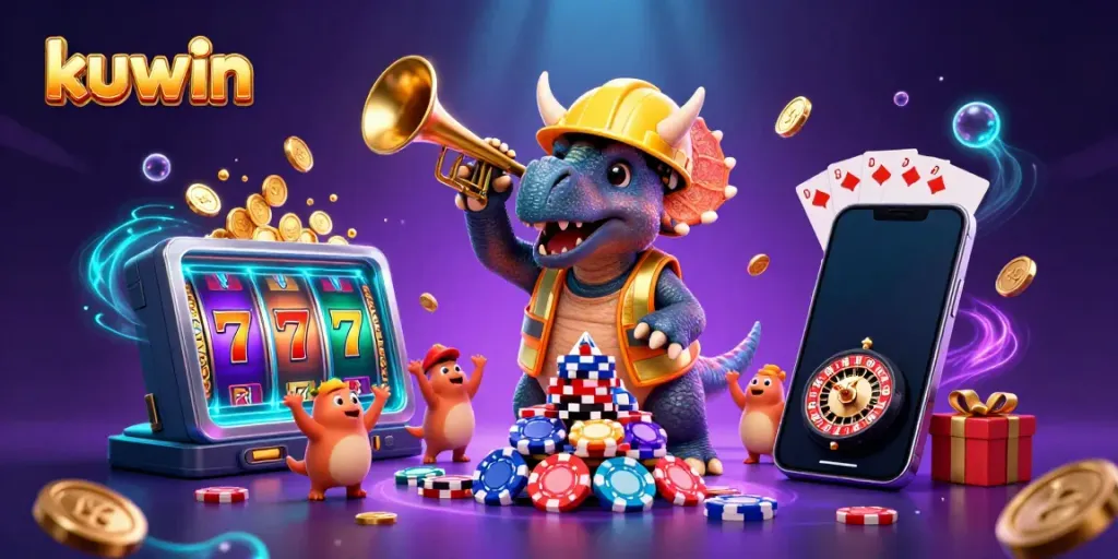 Kuwin slots action with a triceratops and celebration in vibrant 3D illustration.