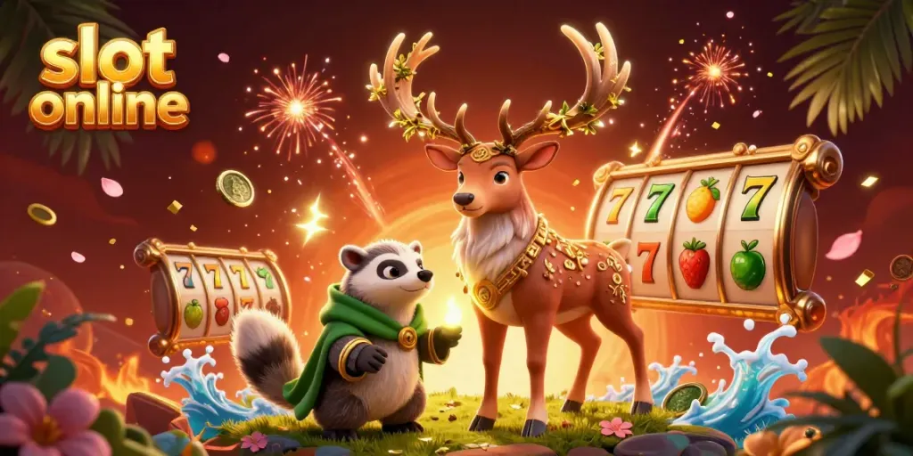 Experience exciting slot online action in a vibrant 3D casino setting with lucky symbols and characters.