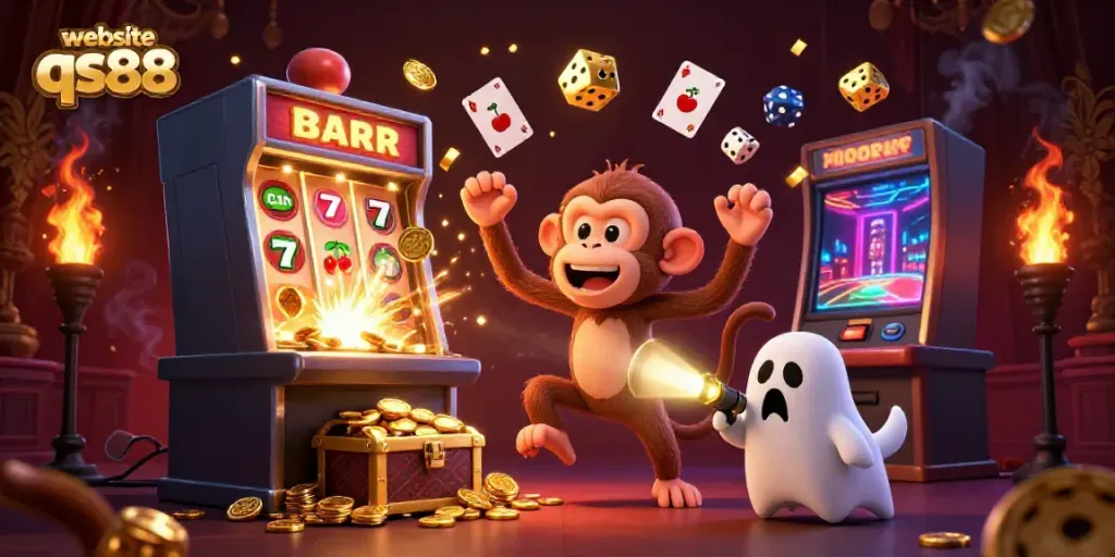 Experience the excitement of spinning jackpots at website qs88 with dynamic casino elements and a playful ghost-hunter puppy.