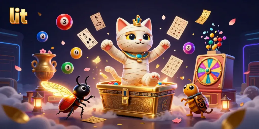 Engage with lit gaming excitement as a mummy cat and scarab beetle encounter glowing prizes in a vibrant casino scene.