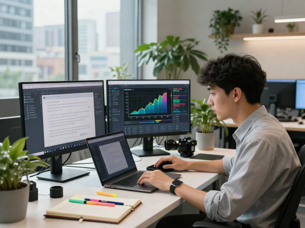 Data scientist analyzing AI-generated content in a modern workspace, focusing on 18+ ai user engagement metrics.