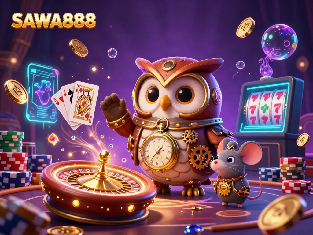 Engage with the excitement of SAWA888, as a time-traveling owl and clockwork mouse explore a vibrant casino universe filled with winning potential.