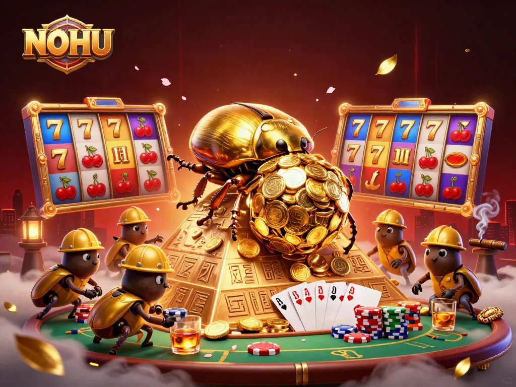Experience excitement with NOHU as golden beetles roll in a jackpot-filled casino scene.