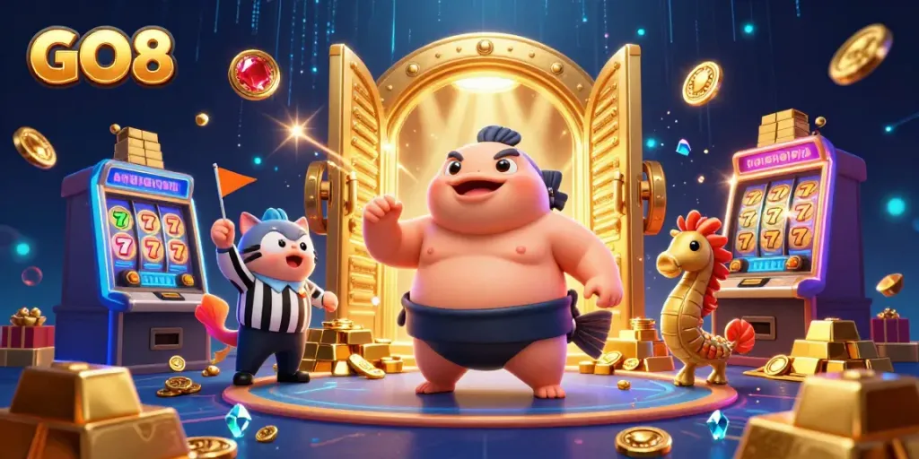 Engage with the thrilling underwater casino scene featuring GO8 with a fugu, catfish referee, and vibrant gaming elements.