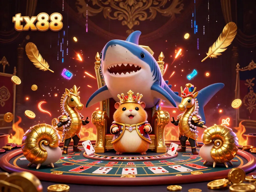 Experience thrilling gameplay at tx88 with golden hamster king overseeing roulette and card games in an energetic atmosphere.