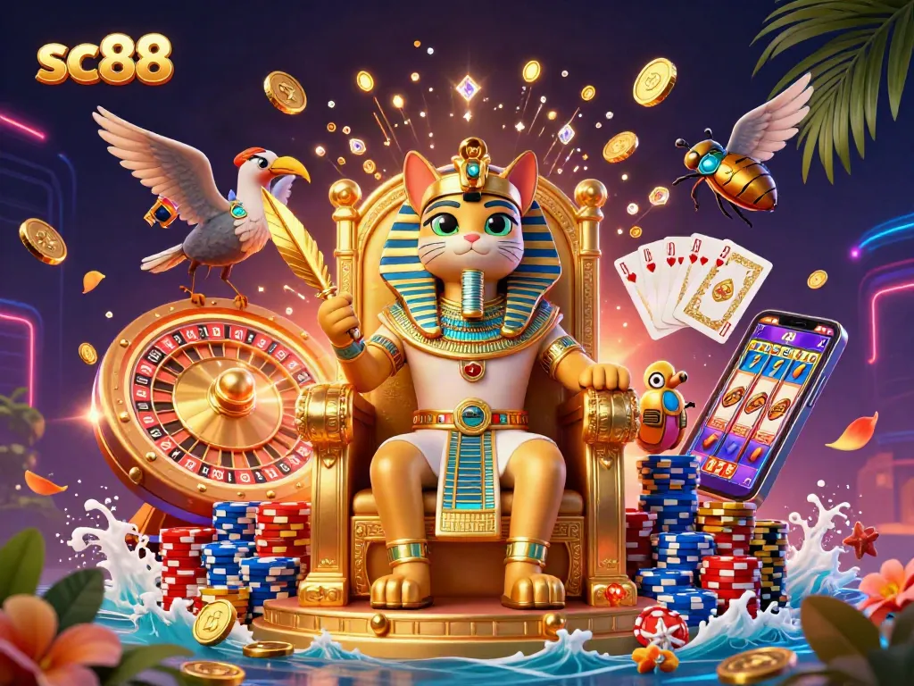 Experience exhilarating gameplay with sc88, featuring a vibrant casino scene of golden coins, cards, and pharaoh characters.
