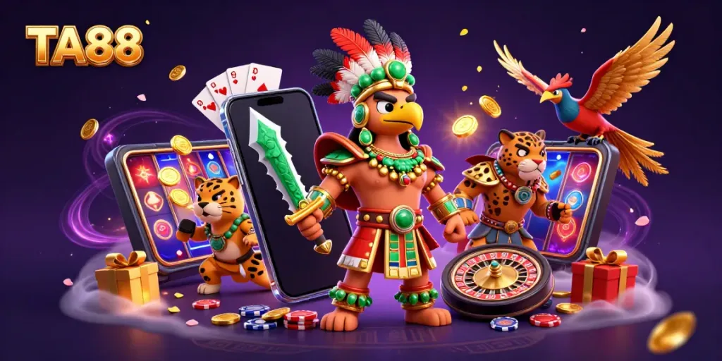Experience dynamic gaming with TA88's vibrant 3D Aztec warrior scene surrounded by lively casino elements.