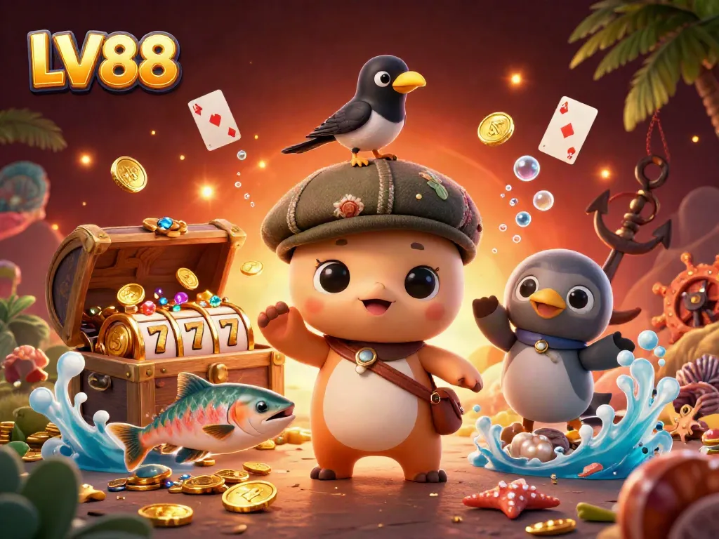Engage in thrilling gameplay with LV88, featuring neon slot reels and charming cartoon characters.