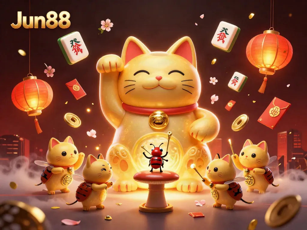 Experience Jun88 through a vibrant 3D scene with a lucky cat, fireflies, and casino elements.