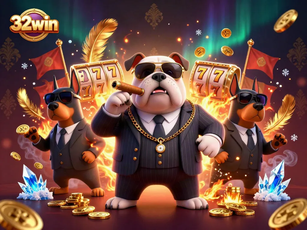 Experience thrilling wins with 32win's dynamic gambling scene featuring vibrant slot games and rich illustrations.