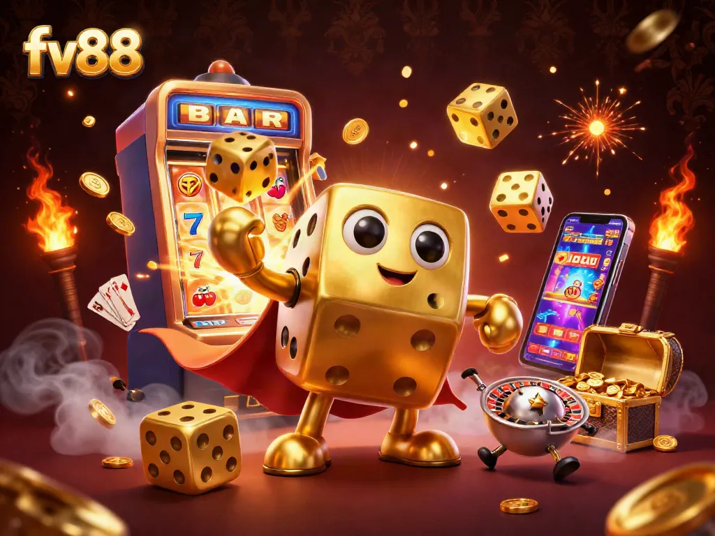 Experience the excitement of fv88's casino world with vibrant gaming elements in a dynamic 3D illustration.