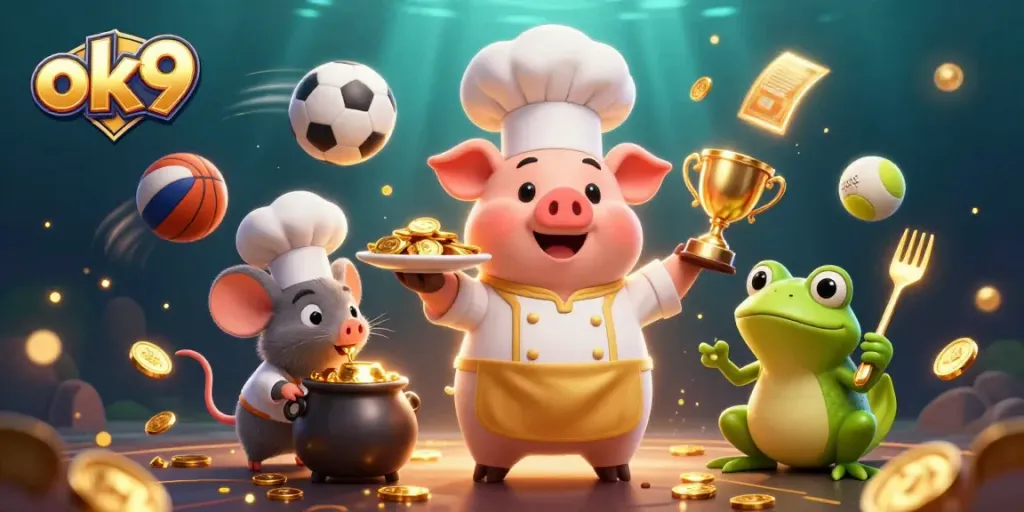 Engaging scene of characters promoting ok9 with gold coins in a vibrant casino environment.