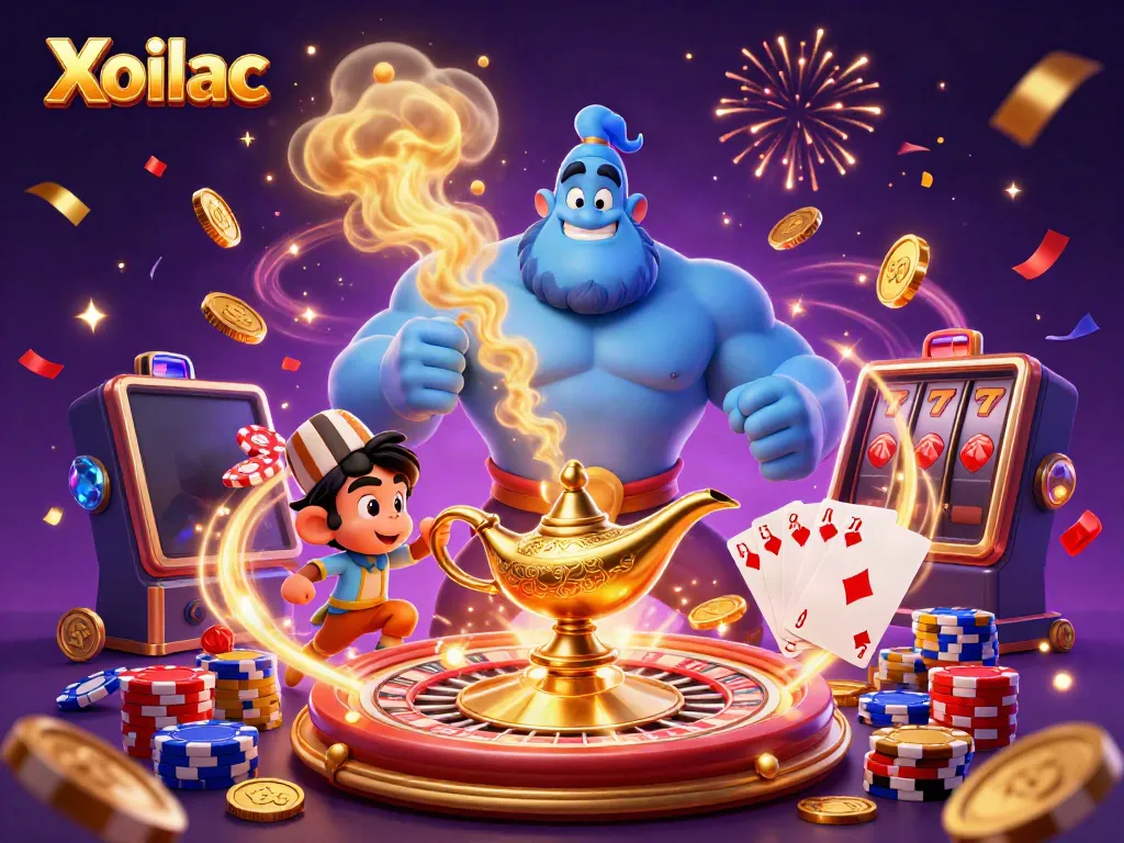 Xoilac showcases a vibrant 3D scene with a genie, monkey, and magical elements highlighting casino excitement.