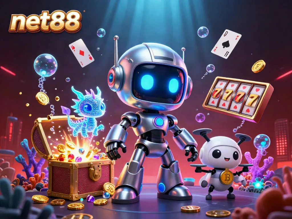 Engage with net88's dynamic casino experience featuring a cyberpunk robot and vibrant game elements.
