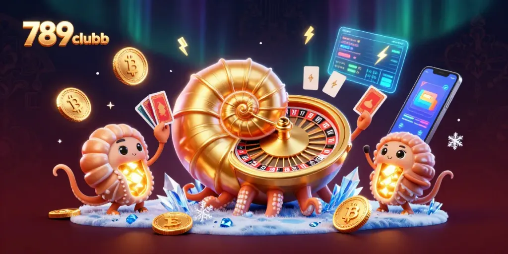 Engage in thrilling games at 789clubb with a dynamic casino scene featuring captivating characters and crypto elements.