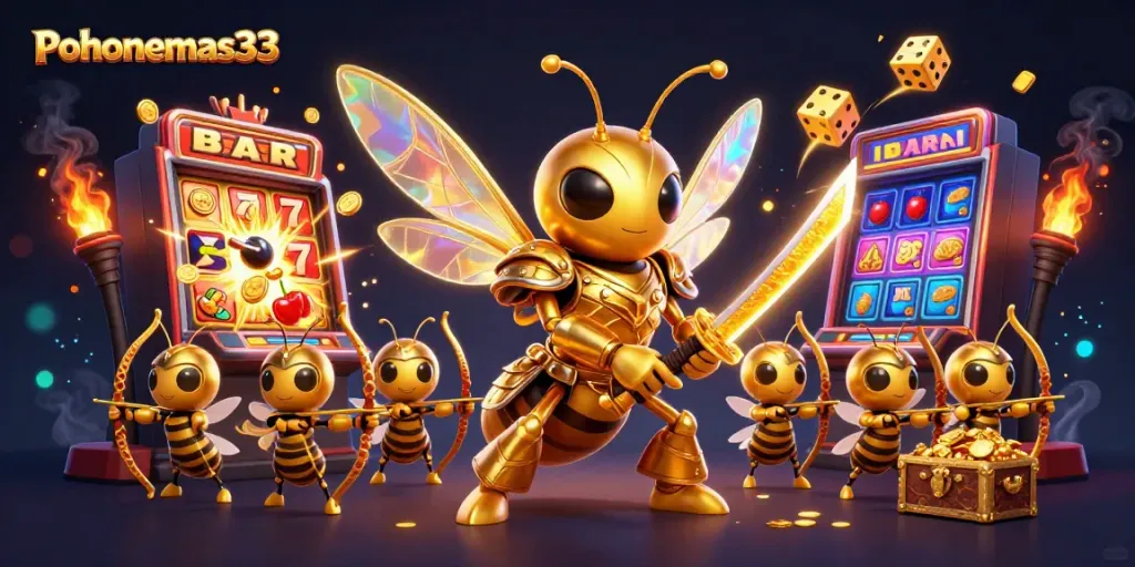 Pohonemas33 menghadirkan jackpot game online yang seru dan menarik bersama karakter 3D berwarna emas.