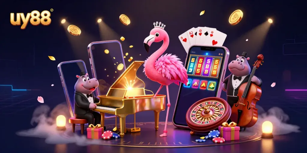 Engage in exciting gameplay with uy88's vibrant casino atmosphere featuring lively characters.