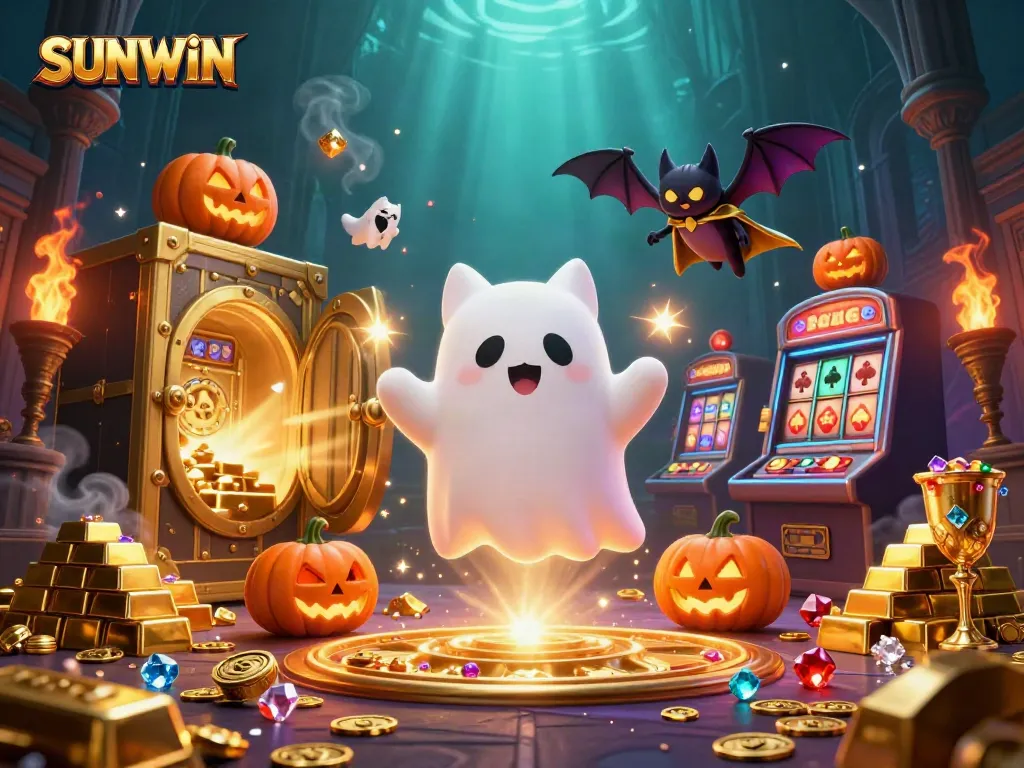 Experience thrilling gameplay dynamics at SUNWIN, where a ghost cat and bat explore a haunted casino.