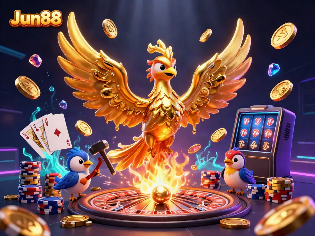 Experience thrilling wins at Jun88 with golden phoenix emerging from molten gold surrounded by casino elements.