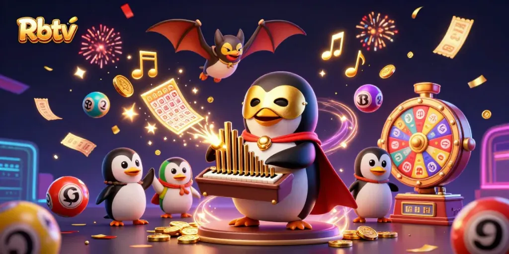 Rbtv menangkap suasana kasino dengan penguin bermain organ yang mengeluarkan koin emas dan bola lotere berwarna.