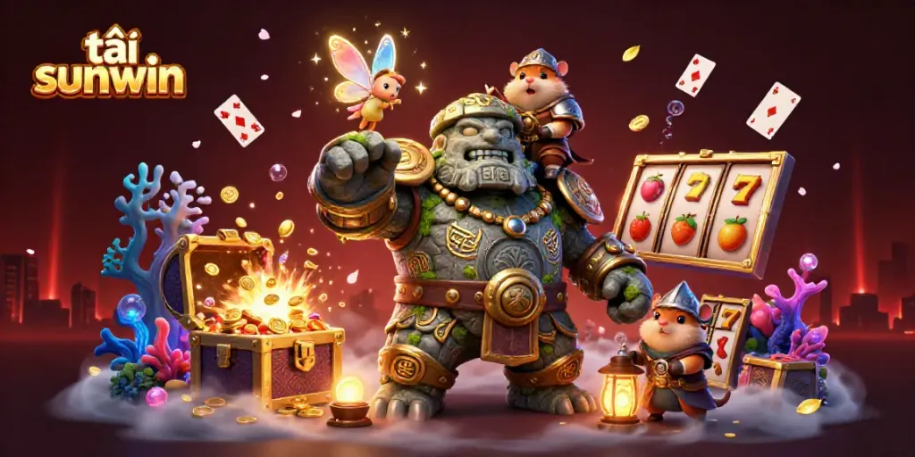 Embrace the thrill of tải sunwin, with a golem guardian, fairy casting magic, and a hamster knight amidst a vibrant casino scene.