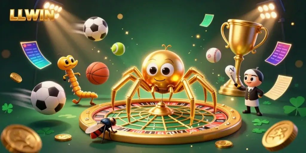 LLWIN engages players with a vibrant 3D scene featuring a golden spider and centipede croupier in an exciting casino atmosphere.