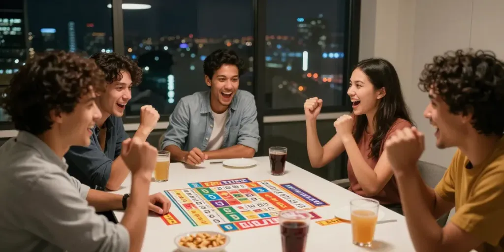 Friends enjoying Togel night with tickets and snacks on a modern table