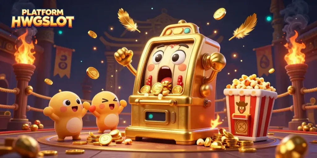 Experience the excitement of PLATFORM HWGSLOT with a golden slot machine celebrating its jackpot, surrounded by cheering slots.