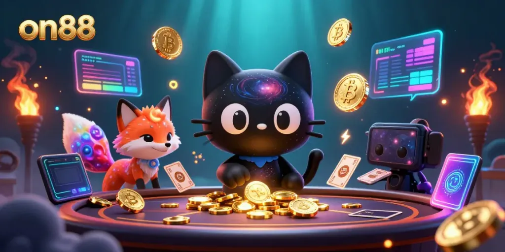 Experience exciting gaming at ON88 with a cosmic cat pulling in golden chips and cards.