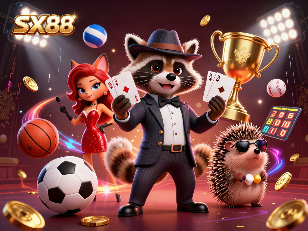 SX88 showcases a raccoon in a suit with a royal flush amidst a vibrant casino scene of flying sports elements.